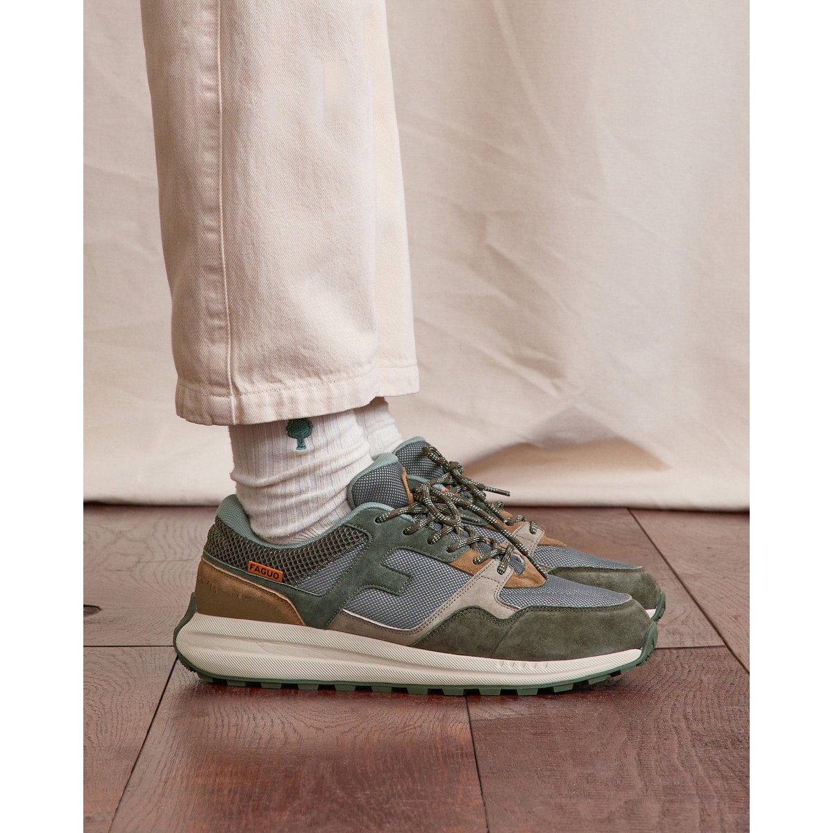 Running suede tissu LIMWOOD kaki et camel, FAGUO