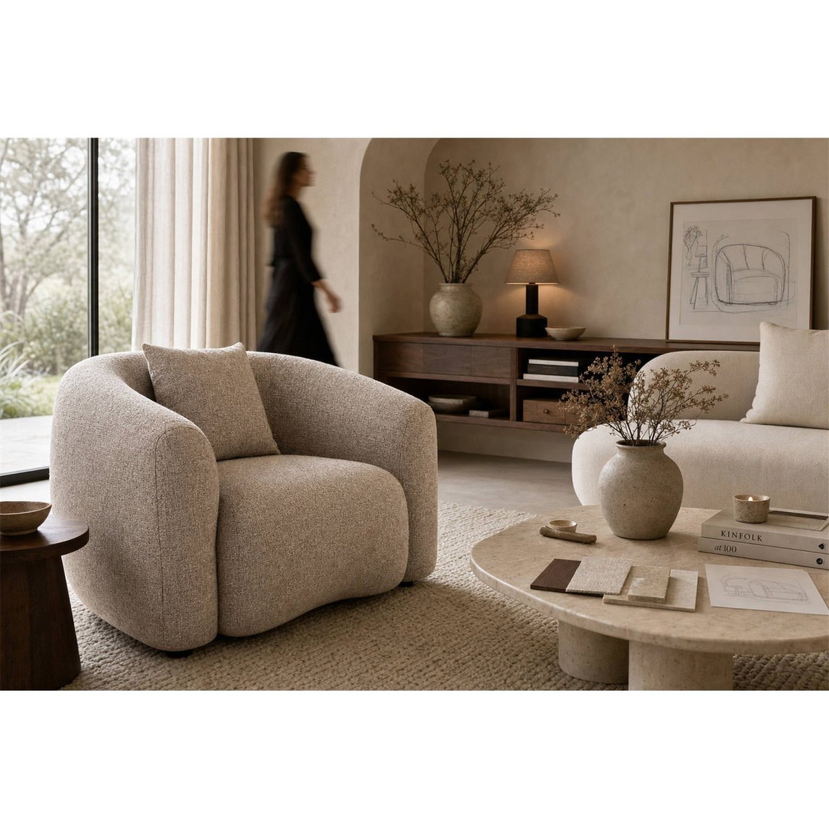 Fauteuil lounge en tweed sable tweed, RECOLLECTION