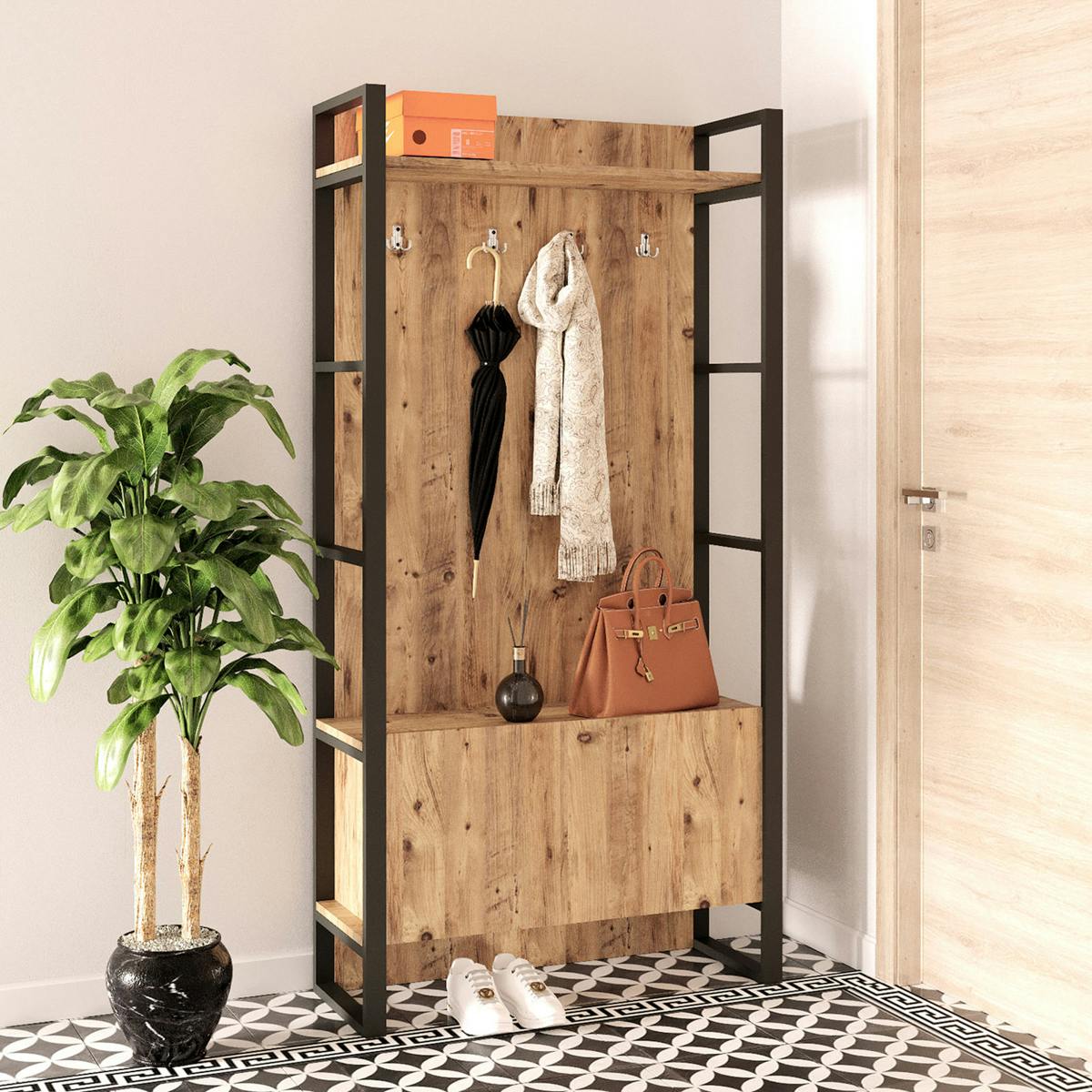 Vestiaire d'entrée rustique chic 1 rangement bas 1 étagère JENA bois naturel, PIER IMPORT