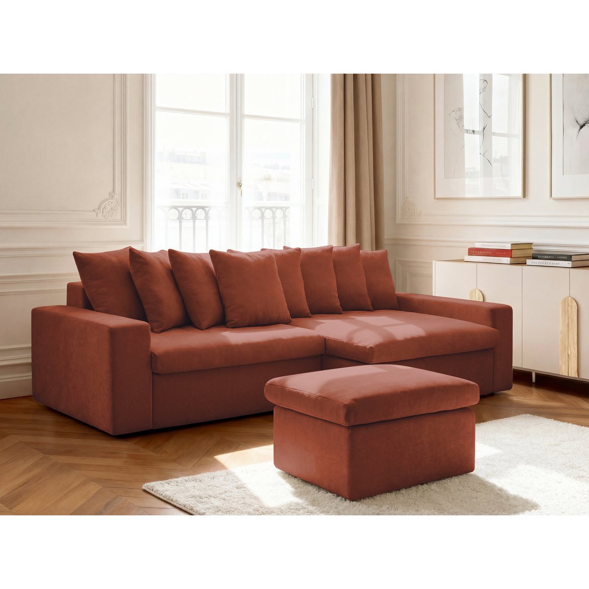 Canapé d'angle fixe 3 places en tissu lisse avec pouf, ENORE rouge, BOBOCHIC