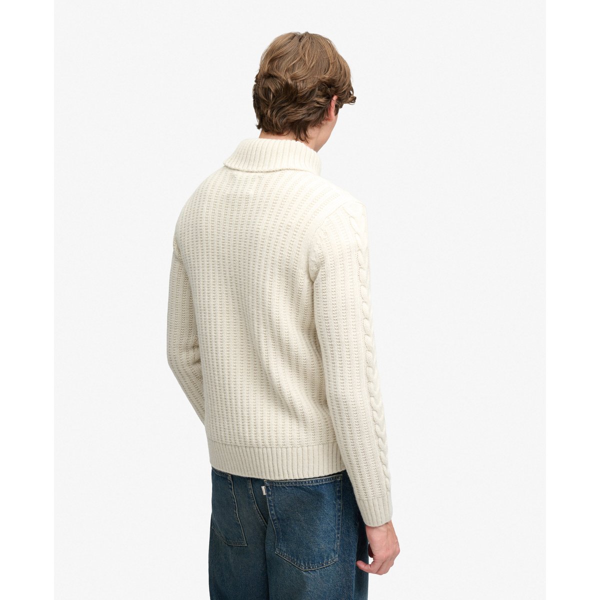 Pull à col roulé Jacob en maille torsadée écru, SUPERDRY