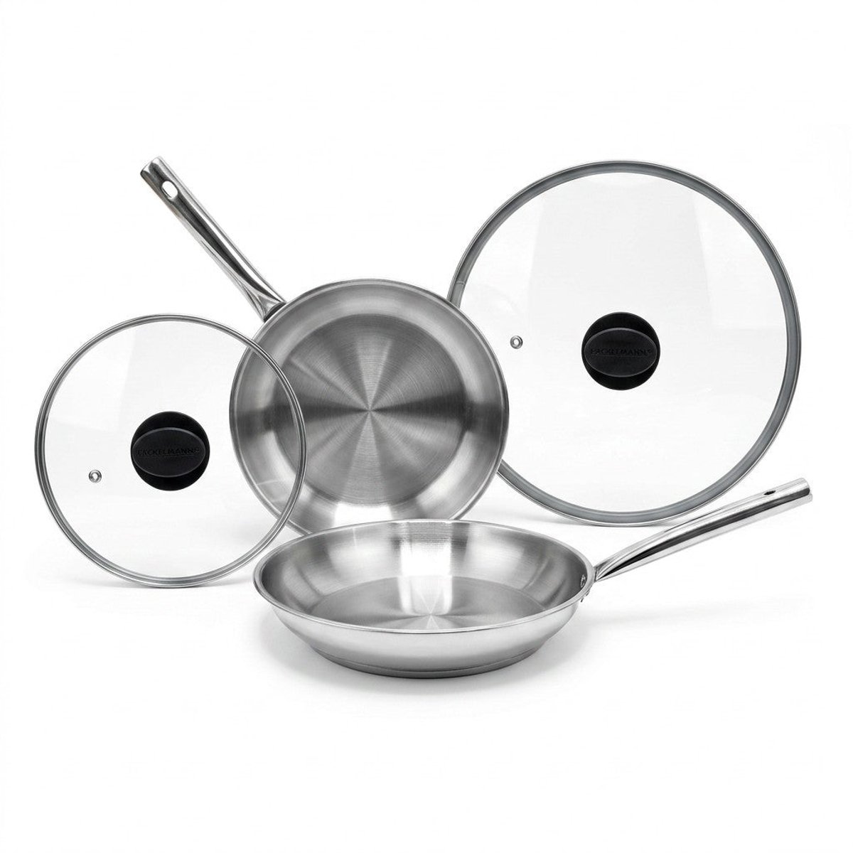 Lot 2 poêles inox 20/24 cm avec 2 couvercles transparent|gris, FACKELMANN