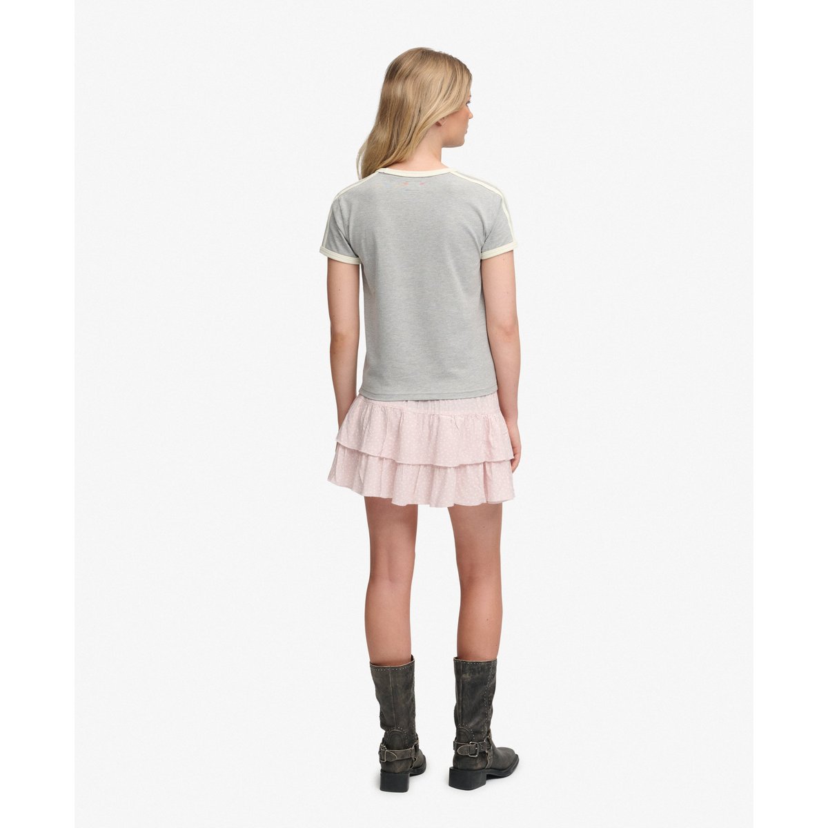 Mini-jupe à volants imprimée cœurs de marguerite rose poudré, SUPERDRY