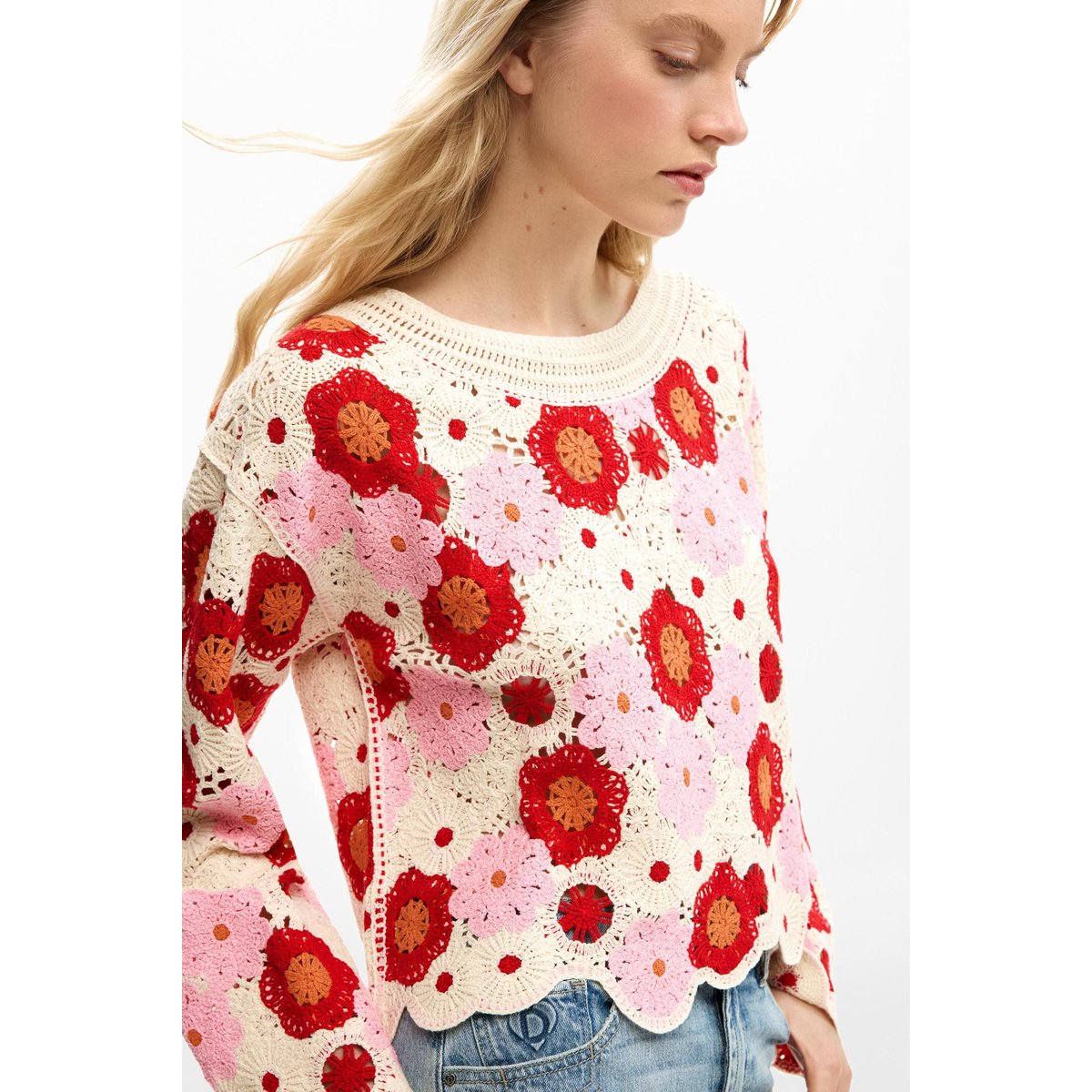 Pull fleurs crochet beige, DESIGUAL