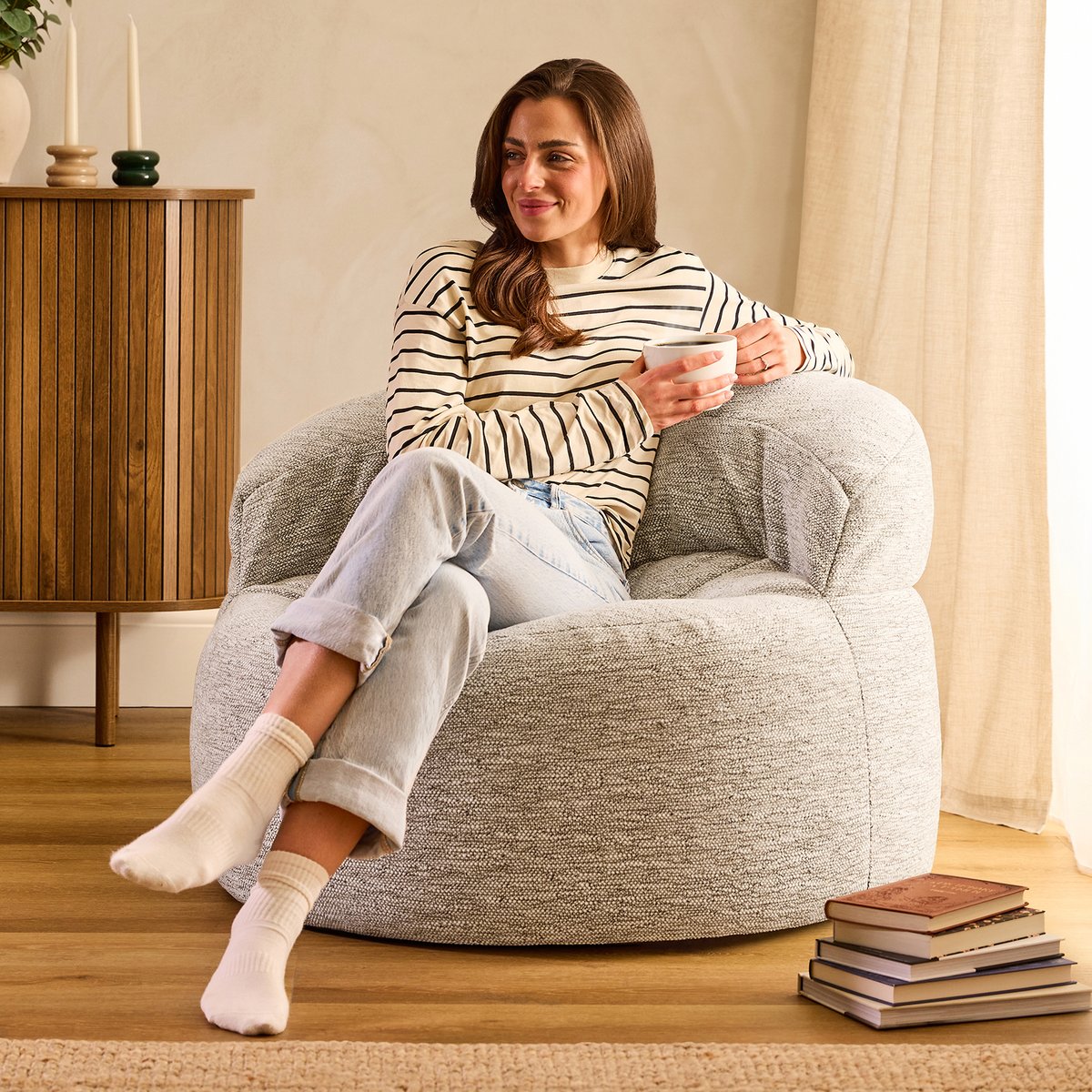 Pouf fauteuil d’appoint décoratif en tissu tissé Oeko-Tex® - ORB naturel beige, ICON
