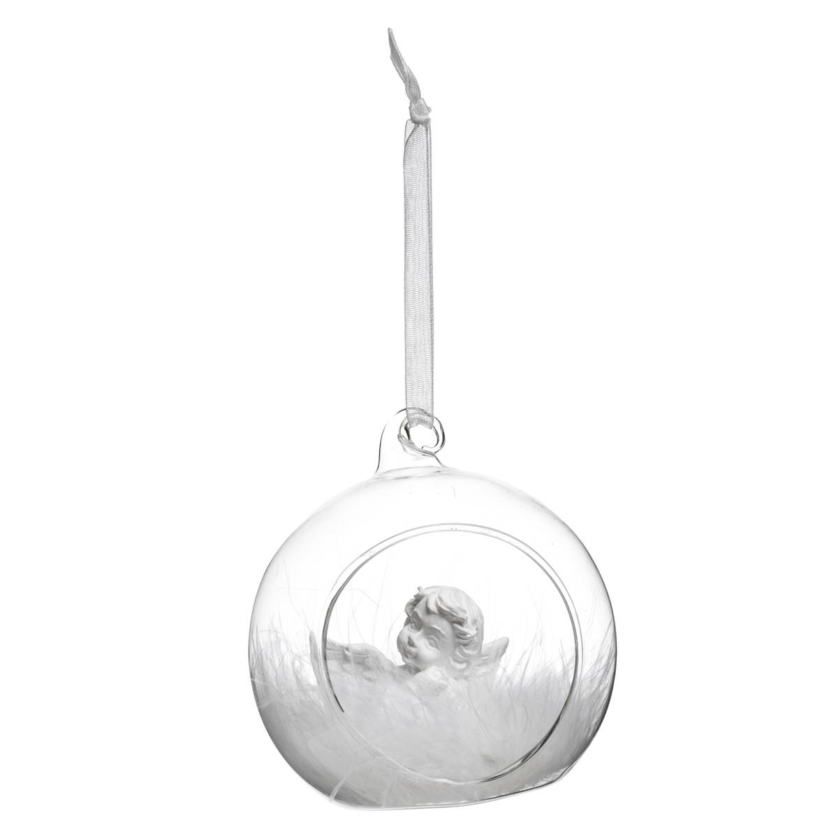 Boule intérieur ange et plume 8 cm verre ange/oiseau, FEERIC LIGHTS & CHRISTMAS