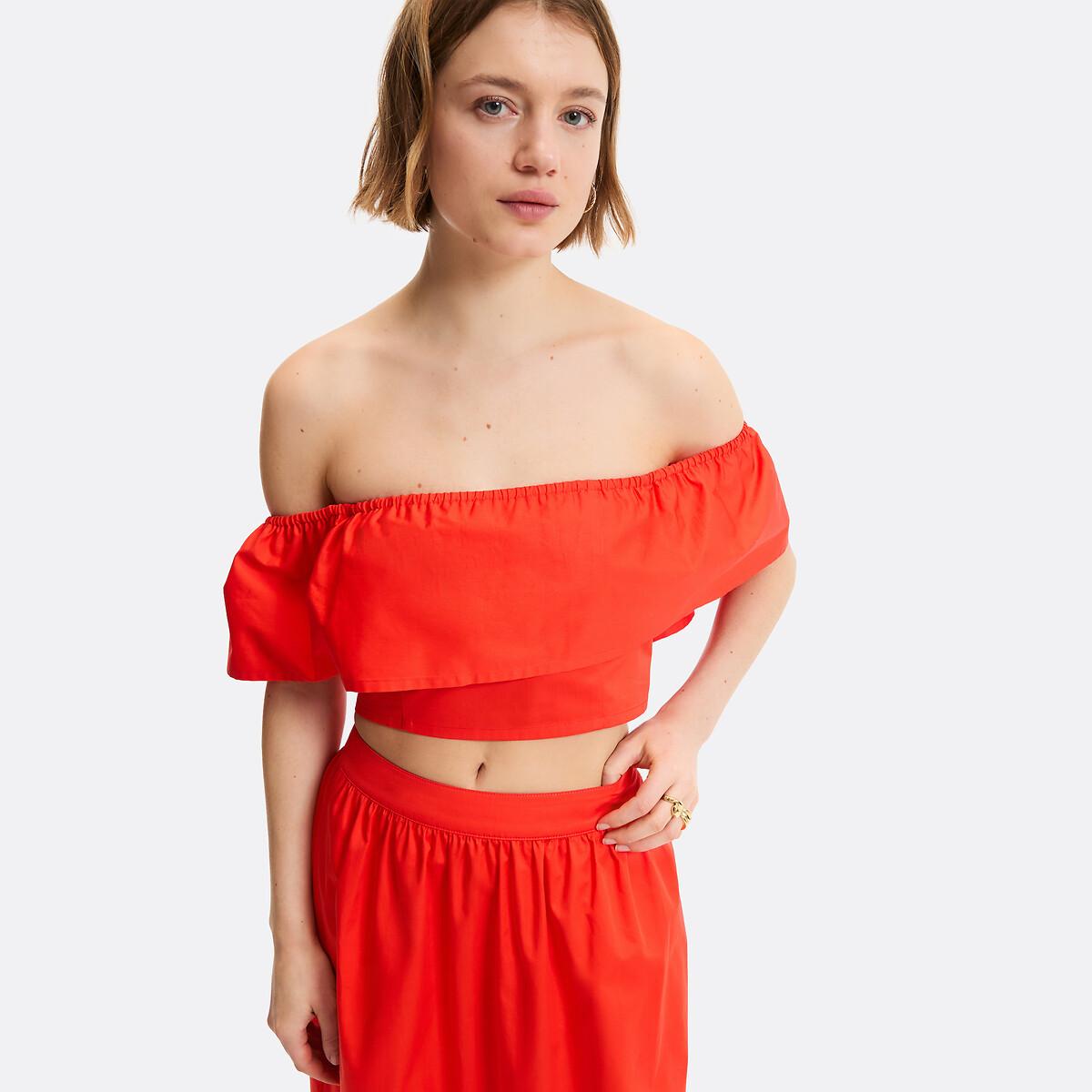 Cropped Ruffled Bardot Top red orange, LA REDOUTE COLLECTIONS