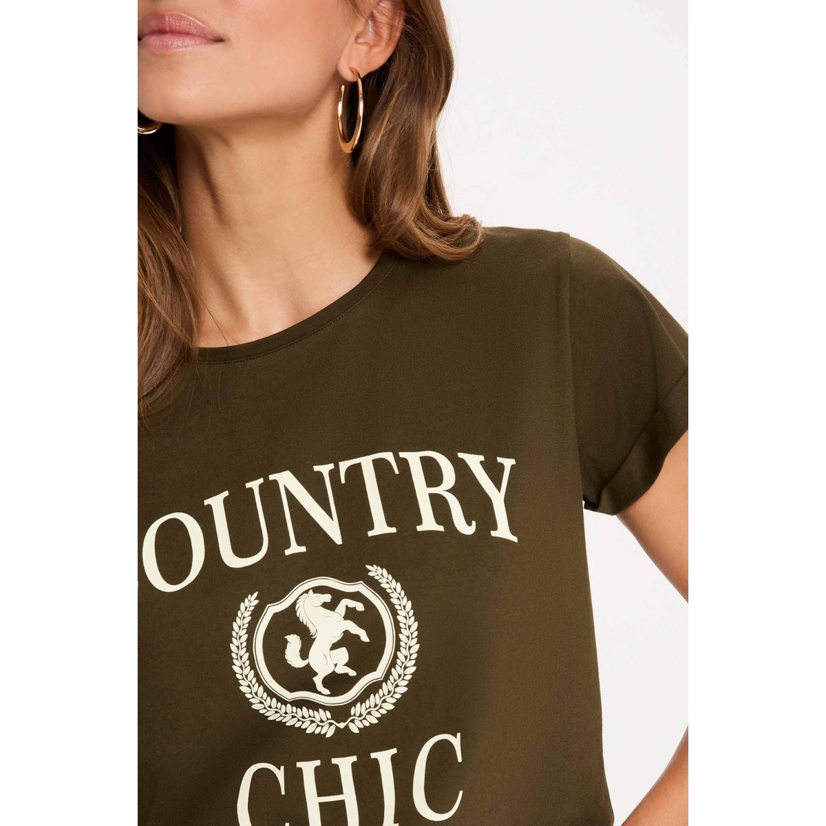 T-shirt col rond manches courtes vert kaki, MORGAN