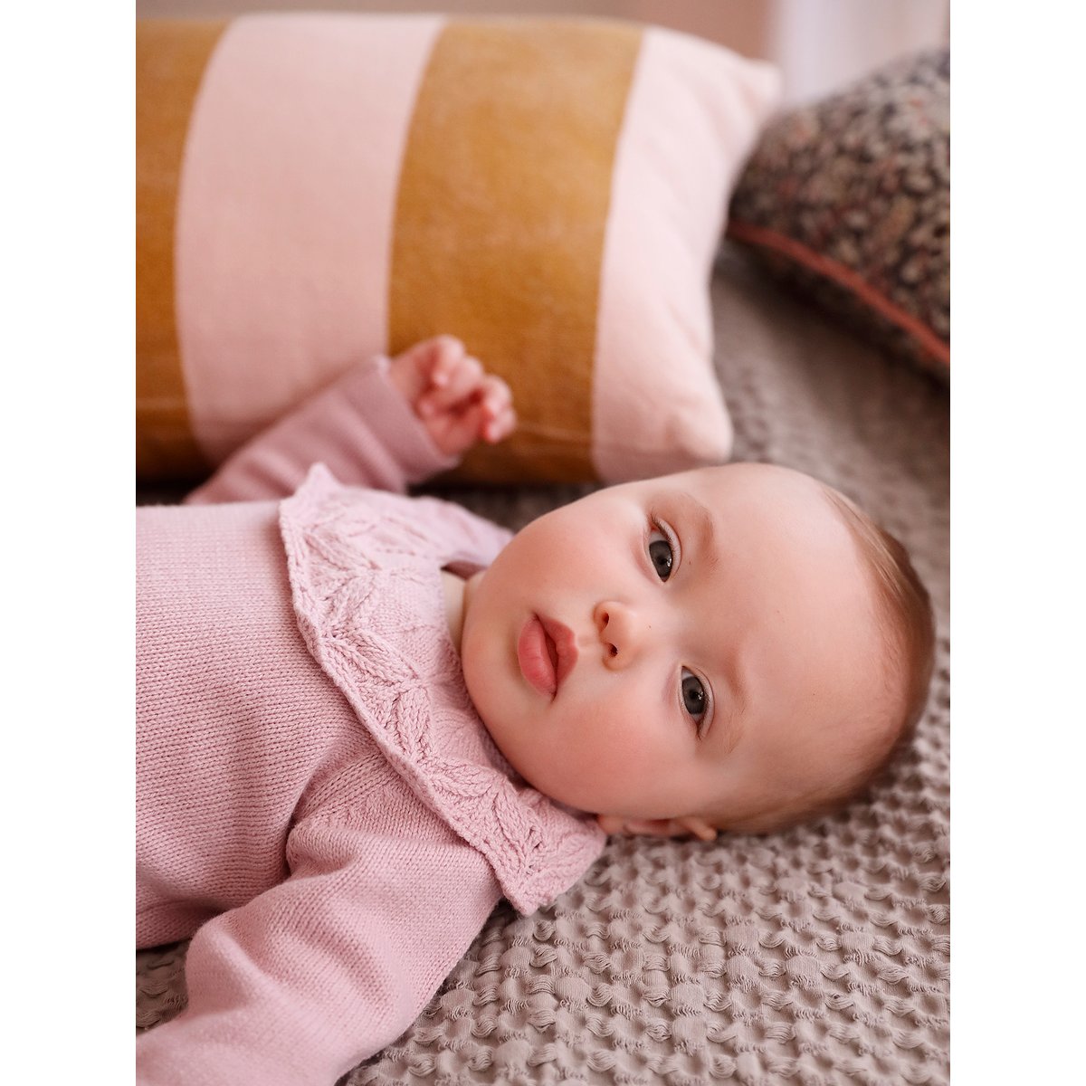 Ensemble naissance barboteuse en tricot et collants mauve, VERTBAUDET