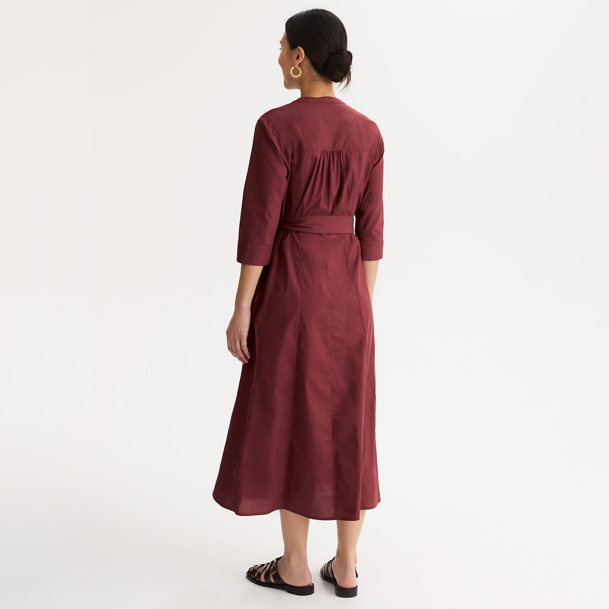Robe longue évasée en coton, manches 3/4 marron rougi, ANNE WEYBURN