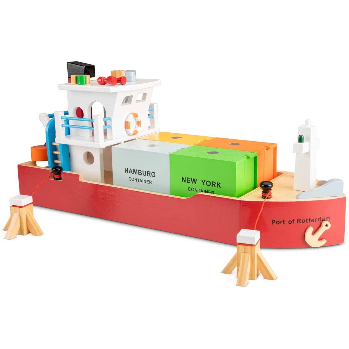 Bateau-container avec 4 containers rouge, NEW CLASSIC TOYS