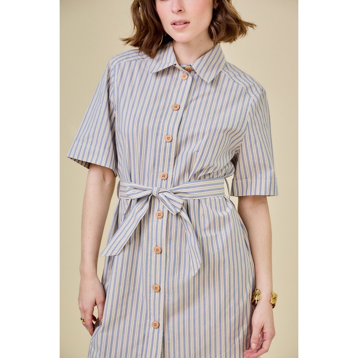 Short-Sleeved Striped Shirt Dress blue, SEE U SOON