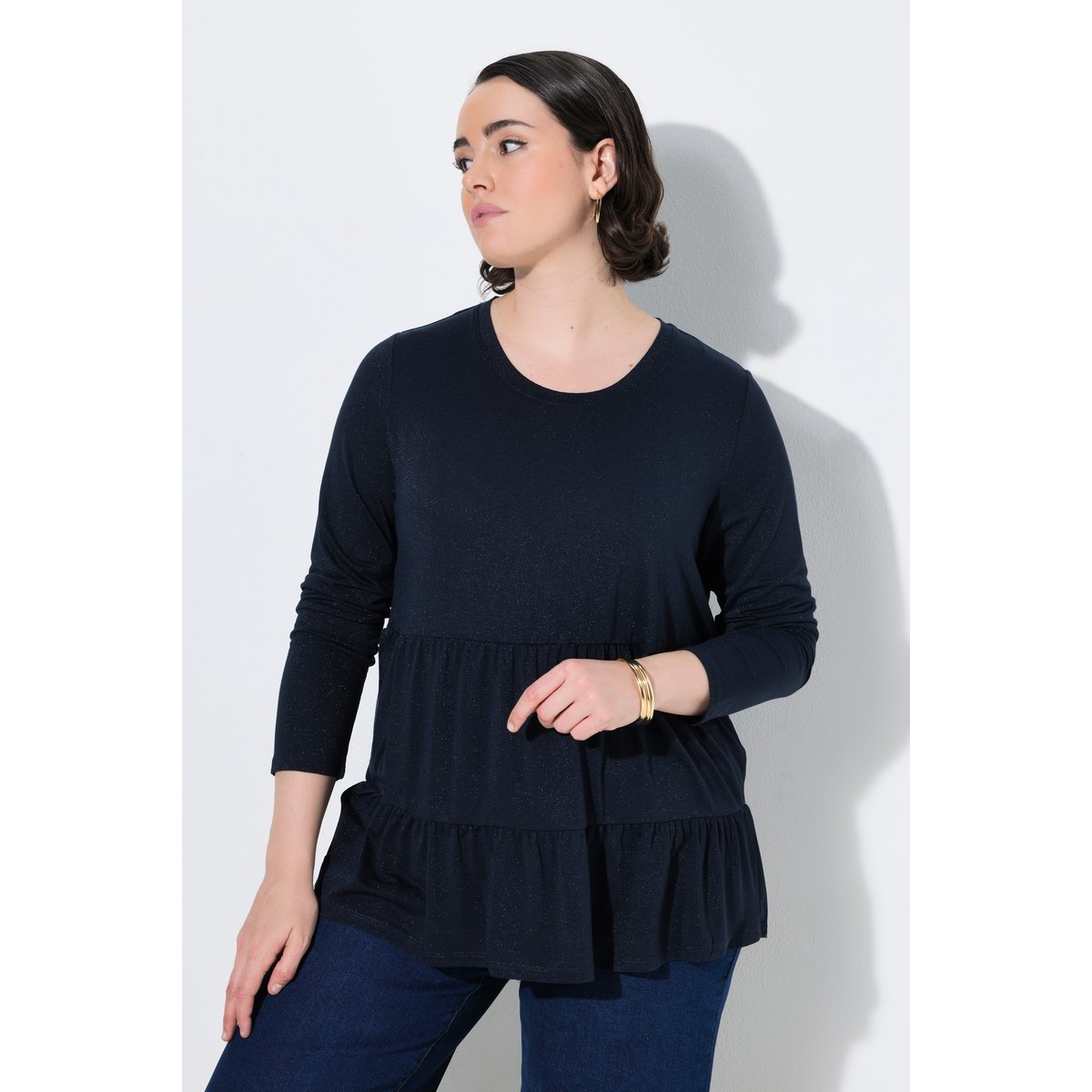T-shirt à volants, tissu scintillant marine, ULLA POPKEN