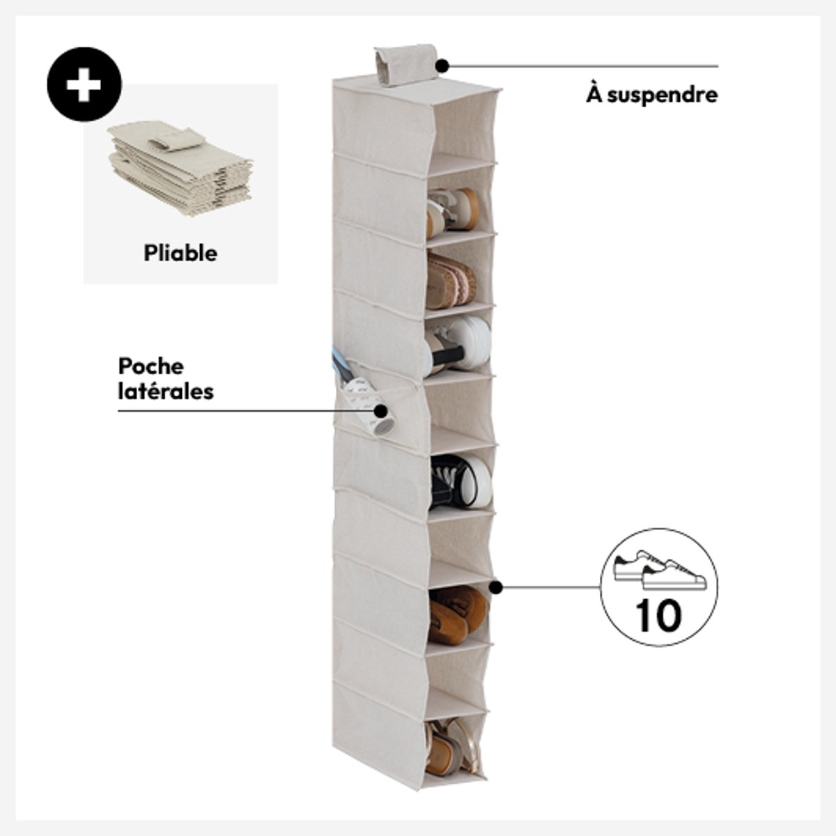 Rangement pour chaussures 10 cases avec panier GROOMY beige, 5FIVE SIMPLY SMART