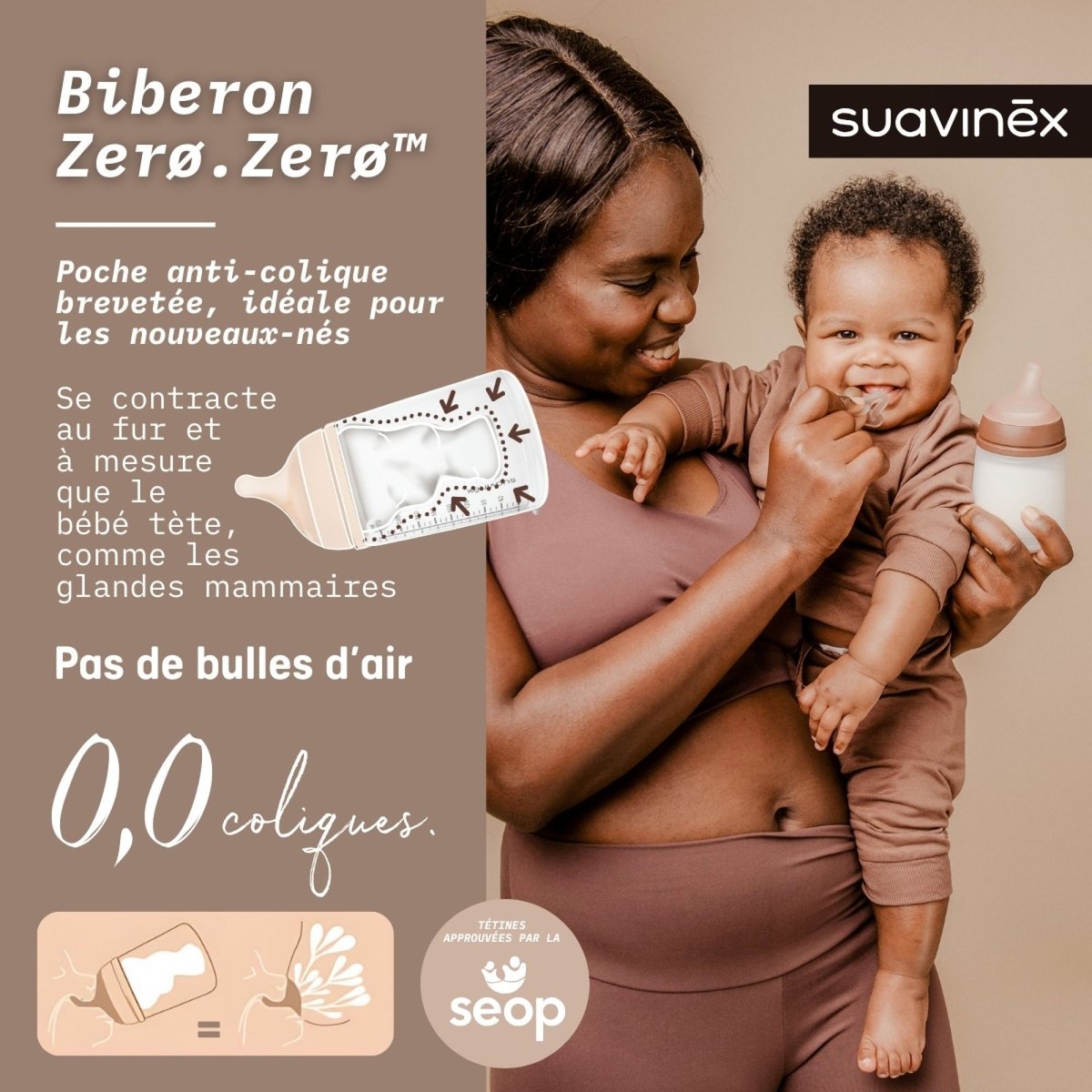Biberon anti-colique 270 ml - débit moyen caramel, SUAVINEX