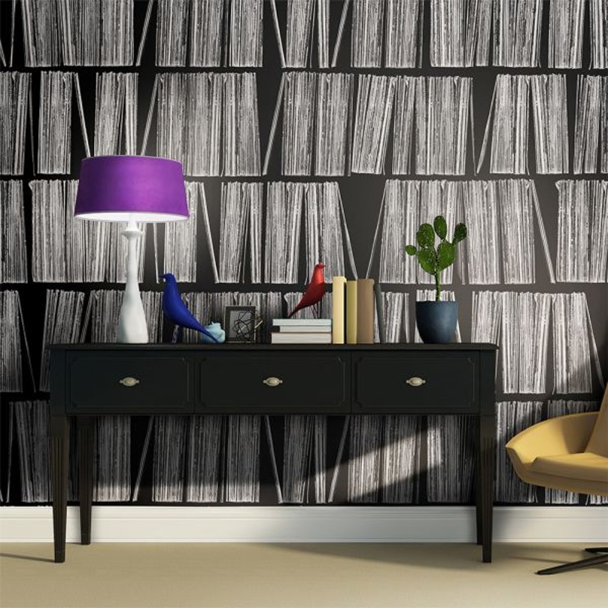 Papier peint intissé panoramique 3D et Perspective Home library noir, EDEN