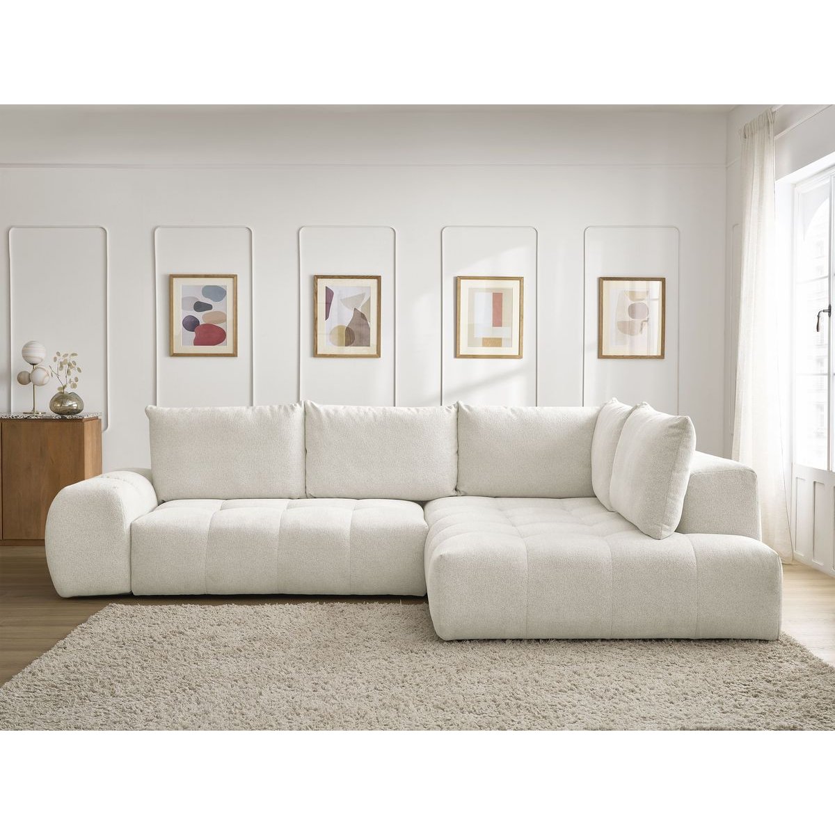 Canapé d'angle convertible 3 places en tissu chiné, EVEREST blanc, BOBOCHIC