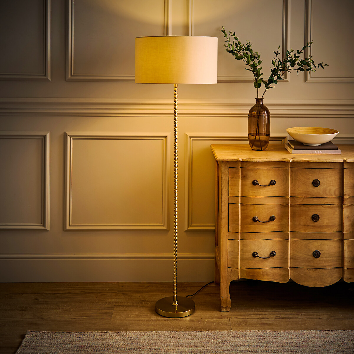 Max Bobble Floor Lamp with Fabric Drum Shade in Matte Black natural, SO'HOME