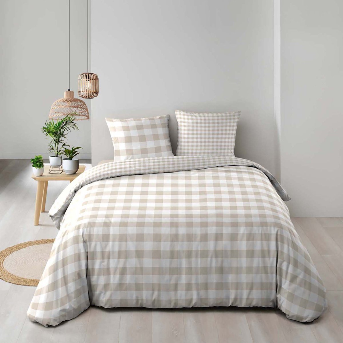 Parure de lit 3 pièces en coton à carreaux housse + taies naturel, DOUCEUR D'INTÉRIEUR