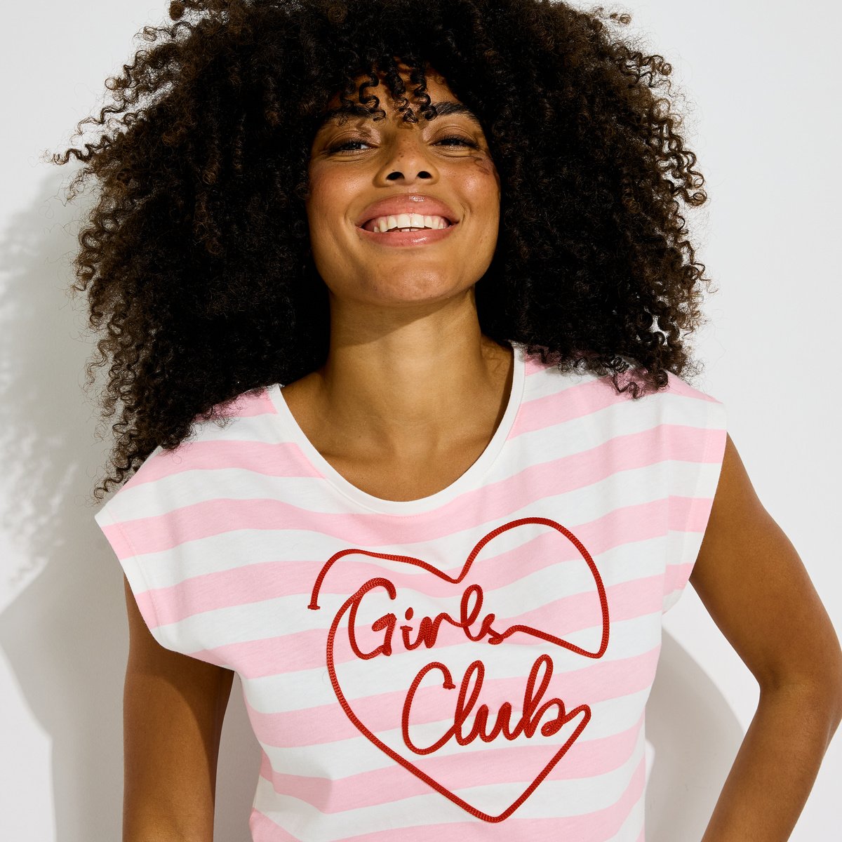 T-shirt à rayures avec broderie blanc cassé blanc, GRAIN DE MALICE