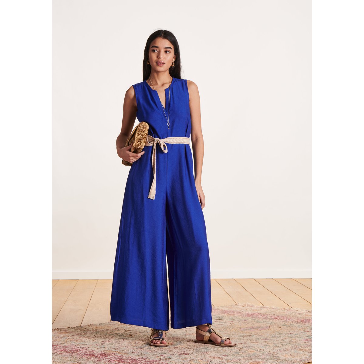 Combinaison sans manches fluide en jacquard bleu roi, LA FEE MARABOUTEE