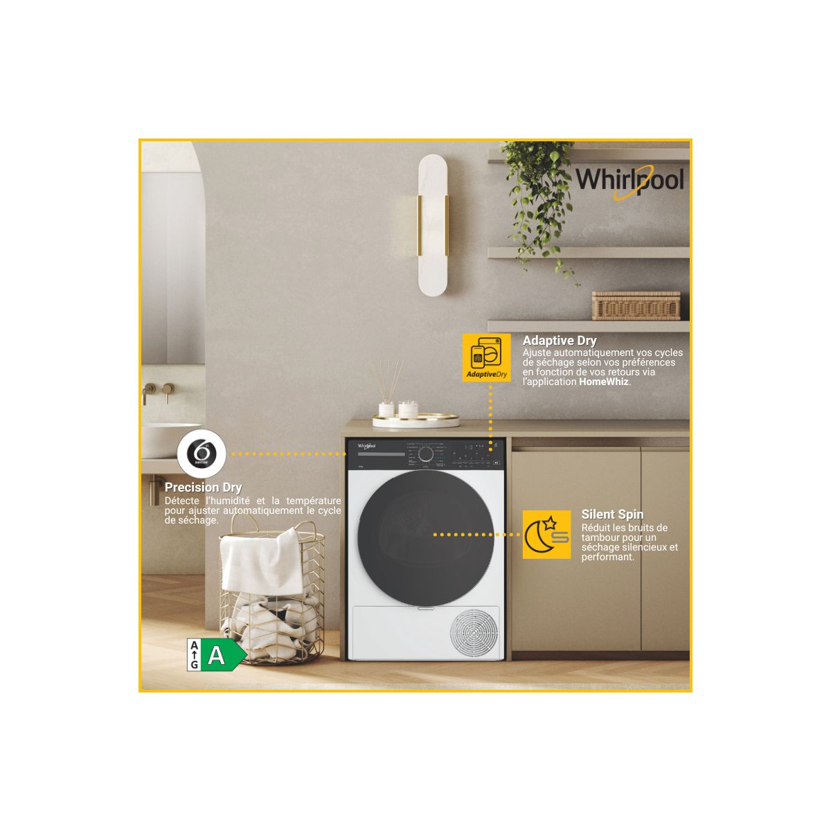 Sèche linge pompe à chaleur CWD86MWBRFR blanc, WHIRLPOOL