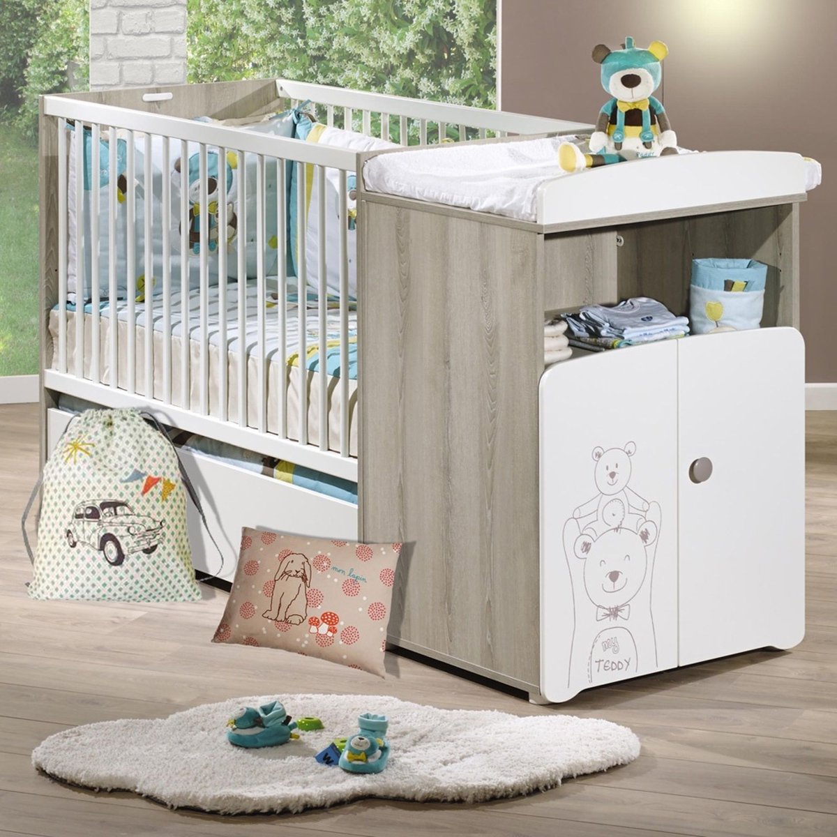 Pack lit combiné + tiroir Teddy blanc, BABY PRICE