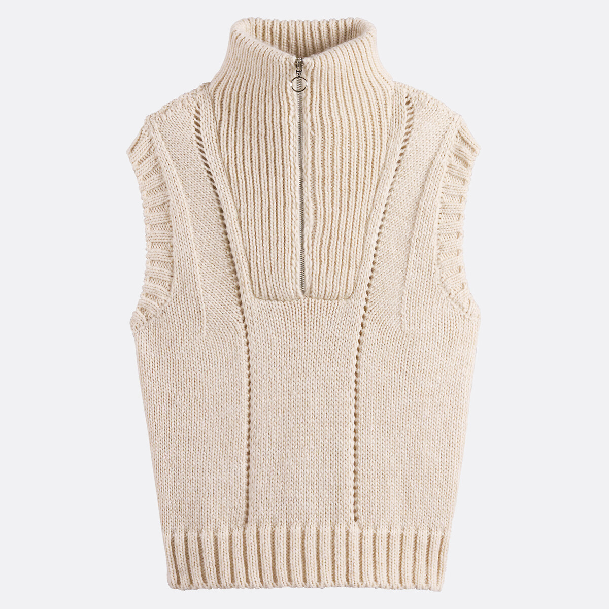 Sleeveless Trucker Collar Jumper in Chunky Knit ecru , LA REDOUTE COLLECTIONS