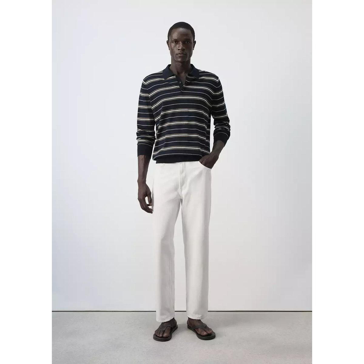 Polo 100 % coton maille fine à rayures bleu marine, MANGO MAN