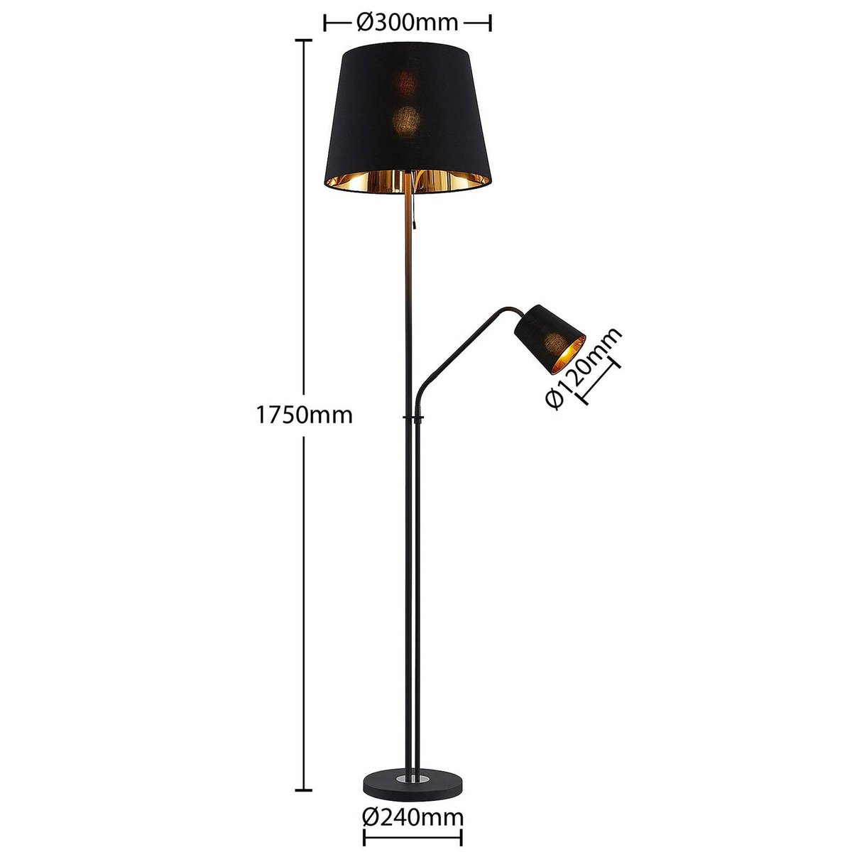 Lampadaire en métal moderne, Efalia noir, or, LINDBY