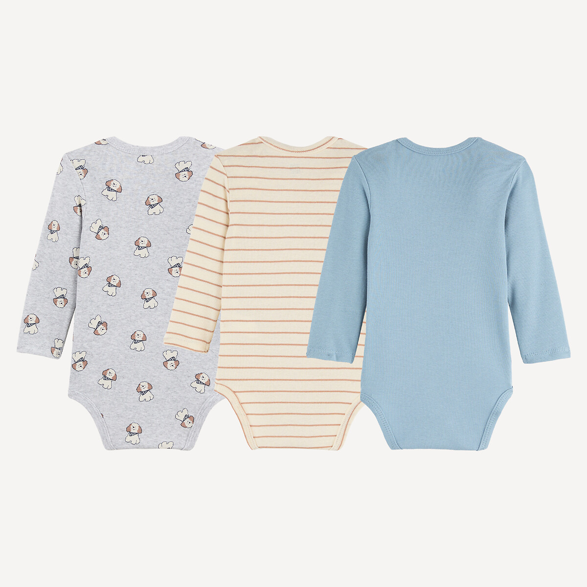 Set van 3 rompertjes met lange mouwen en knoopjes bij de schouders: 2 met hondenmotief, 1 gestreept gemengd, LA REDOUTE COLLECTIONS