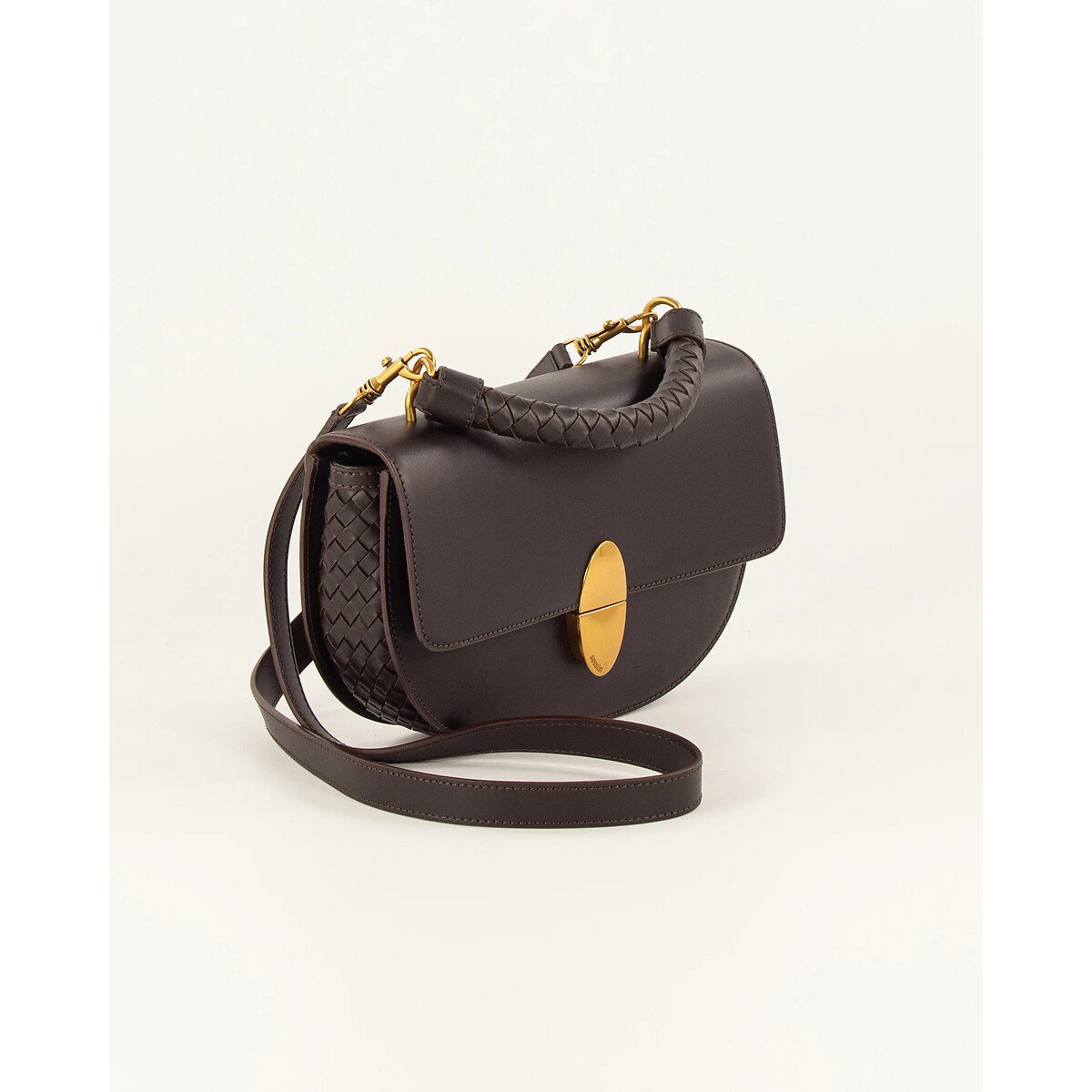 Round Tesoro Leather Half-Moon Bag with Braided Details coffee, SESSUN