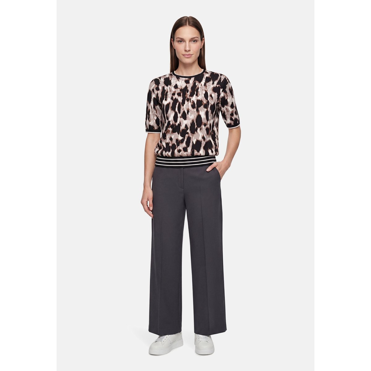 Pull-over en maille manches courtes beige/noir, BETTY BARCLAY