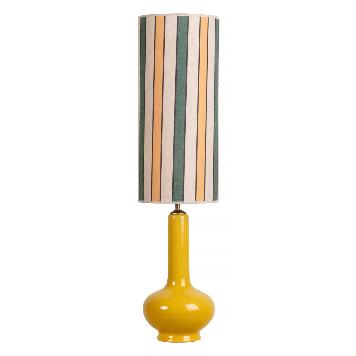 Lampe de Table Haute Estival abat-jour à rayures verticales beige, vert sauge et ocre. pied en céramique jaune miel brillant, look rétro et lumineux., REALLY NICE THINGS