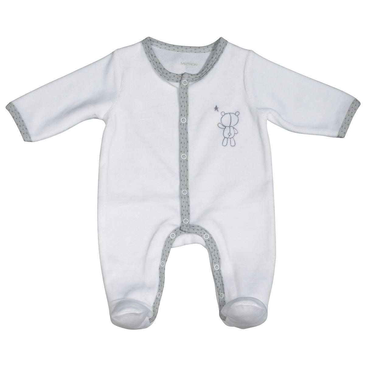 Pyjama bébé en velours à manches longues blanc/gris foncé, SAUTHON