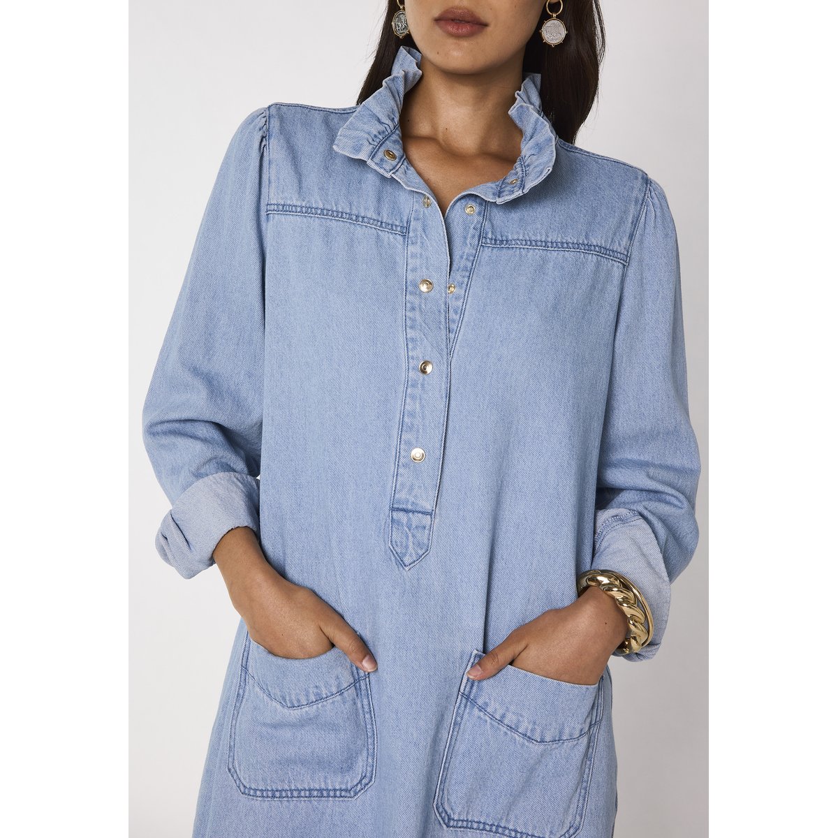 Robe droite denim à manches longue en coton BLAKE pure bleached, Maison 123