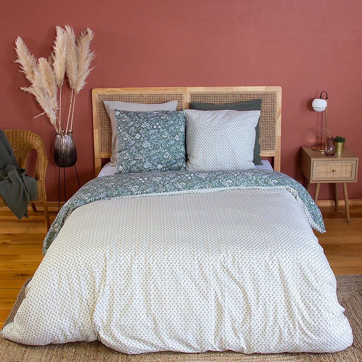 Parure de lit - housse de couette avec taies en coton vert, EDEN