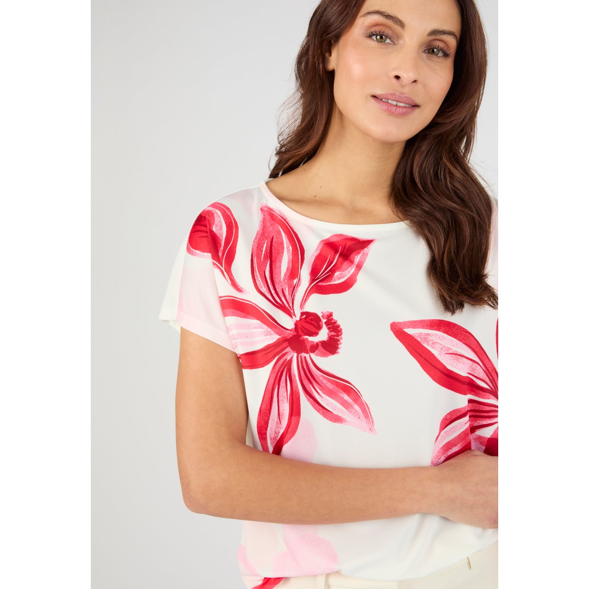 T-shirt crêpe imprimé devant rouge fleuri, DAMART