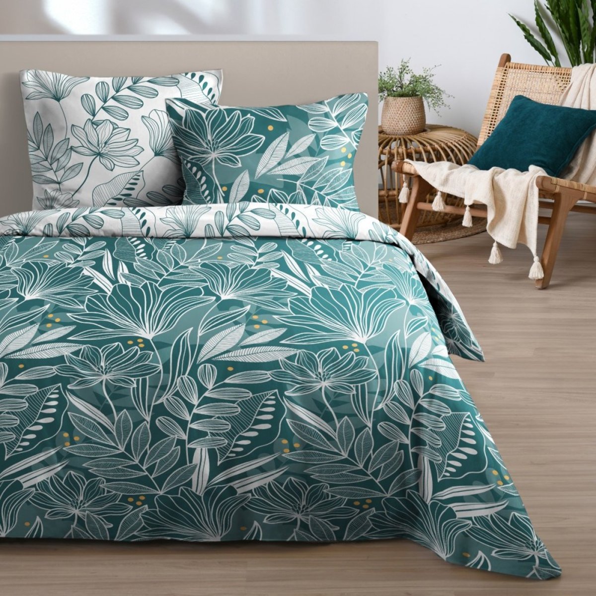 Housse de couette 100% coton 57 fils + 2 taies d’oreiller vert, DECORATIE