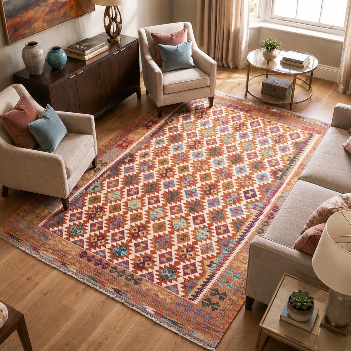 Tapis kilim géométrique, tissé plat authentique, laine, KILIM 51 multicolore, orange, rouge, UN AMOUR DE TAPIS