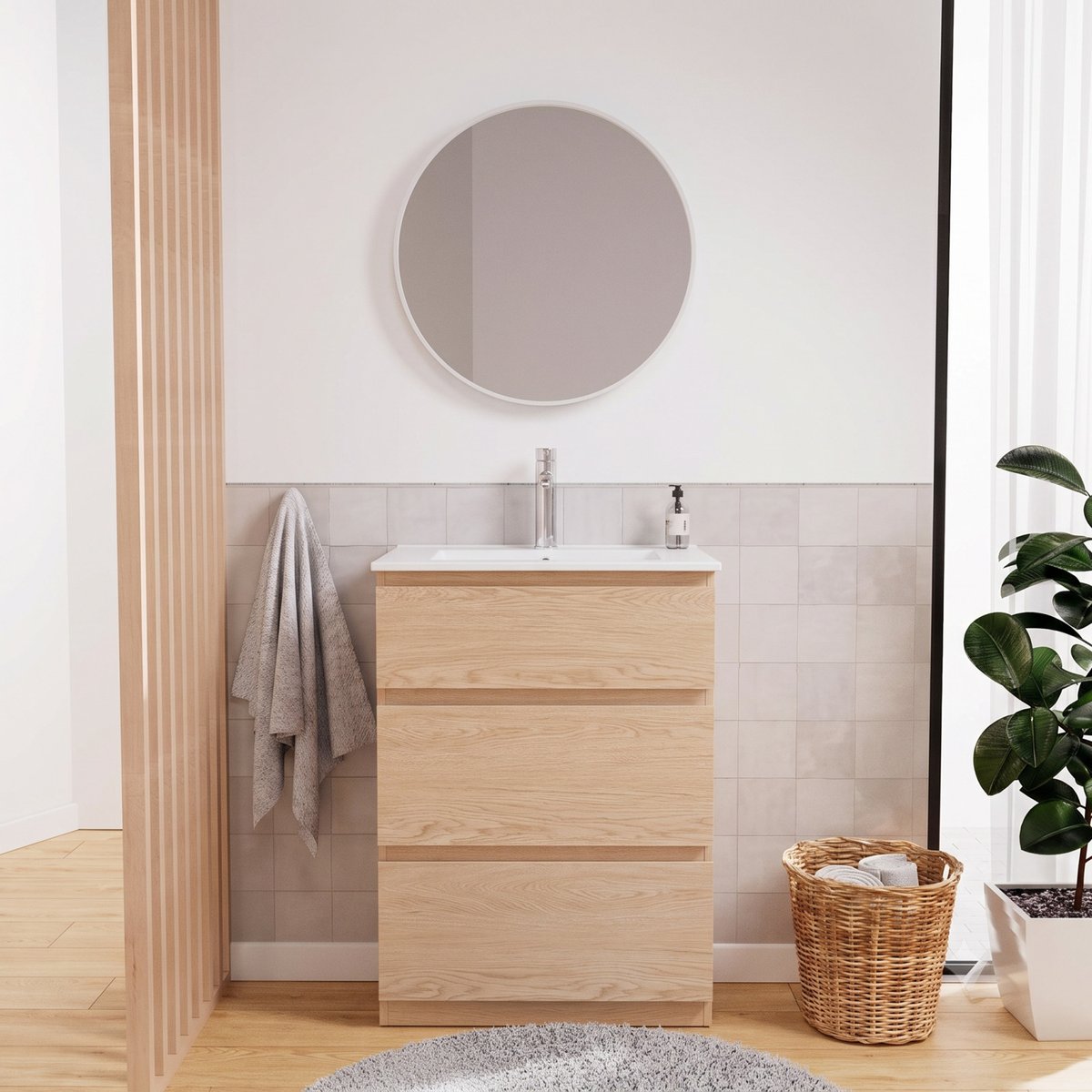 Meuble simple vasque sur pieds 60cm SORRENTO décor chêne, MOB IN