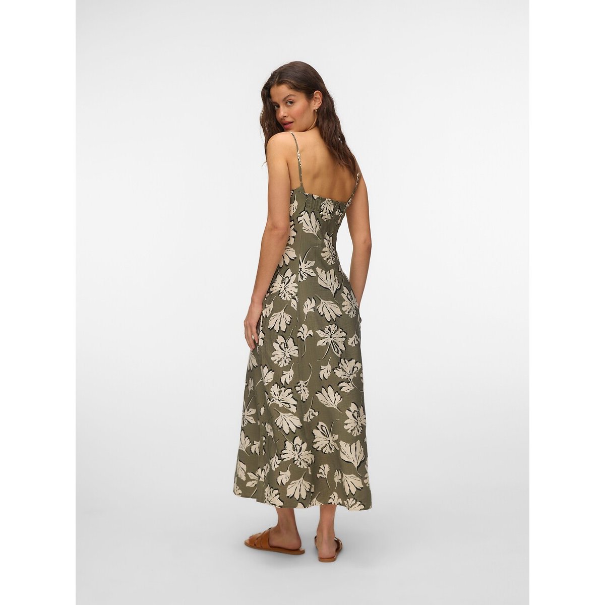 Robe longue imprimée à bretelles imprimé vert kaki, VERO MODA