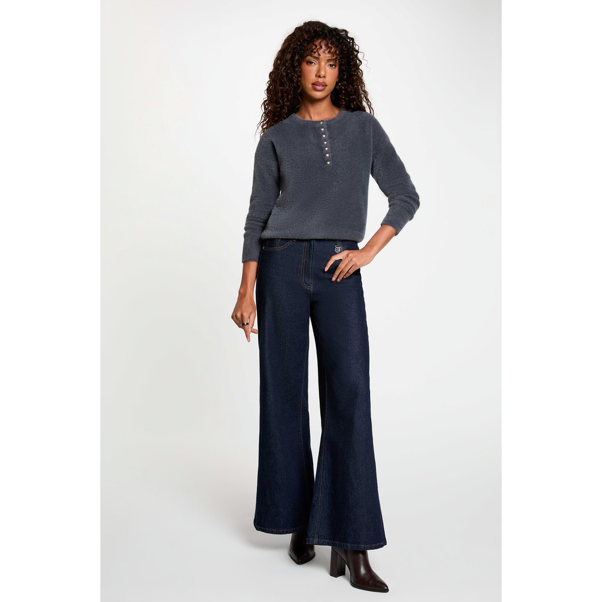 Pull col rond à boutons denim gris fonce, MORGAN