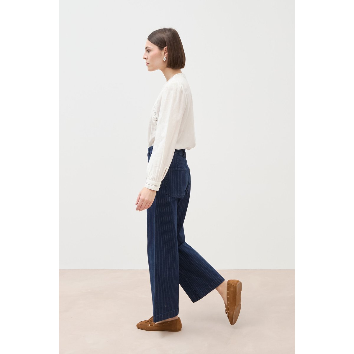 Jeans large cropped taille haute rayé denim brut, BONOBO