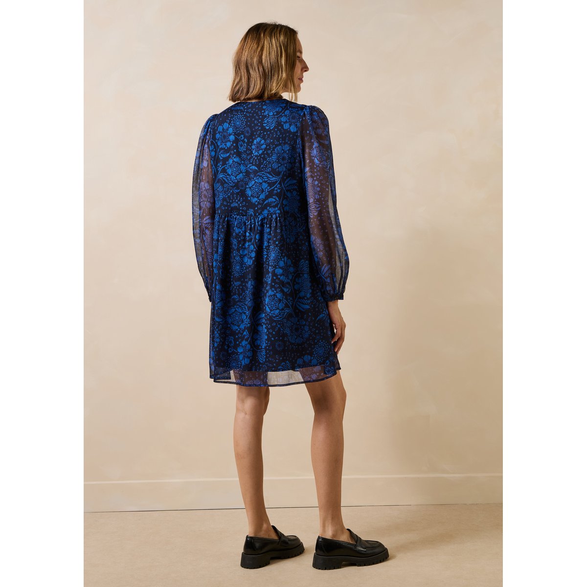 Robe courte à imprimé fleuri manches longues bleu, LA FEE MARABOUTEE