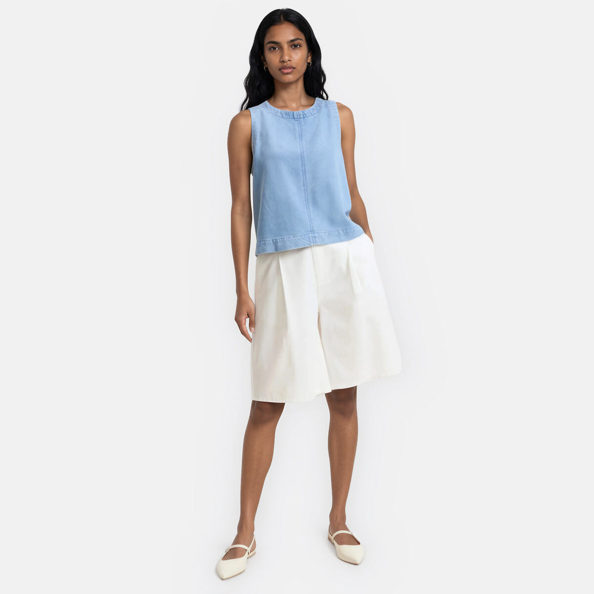Top sans manches col rond en denim bleu bleach, LA REDOUTE COLLECTIONS