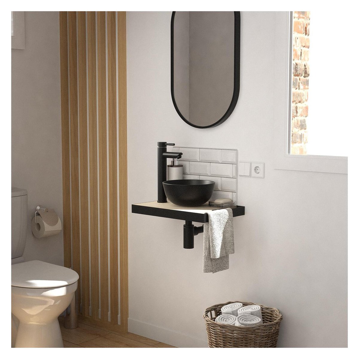 Lave-mains fin +vasque+robinet+miroir SOHO décor chêne, MOB IN