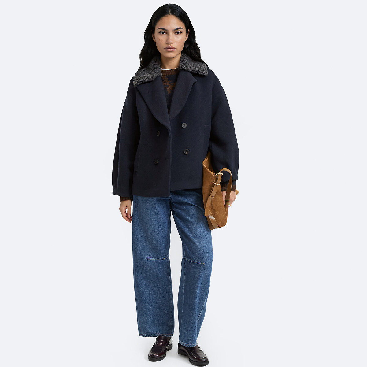 Caban court à col en sherpa bleu marine, LA REDOUTE COLLECTIONS
