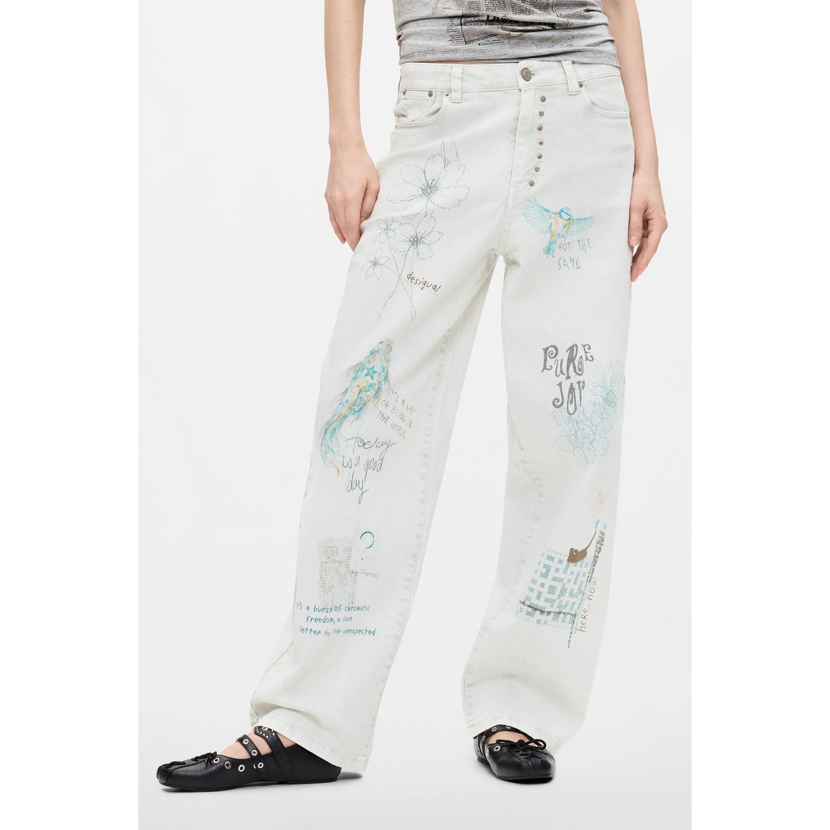 Pantalon en jean ballon imprimé beige, DESIGUAL