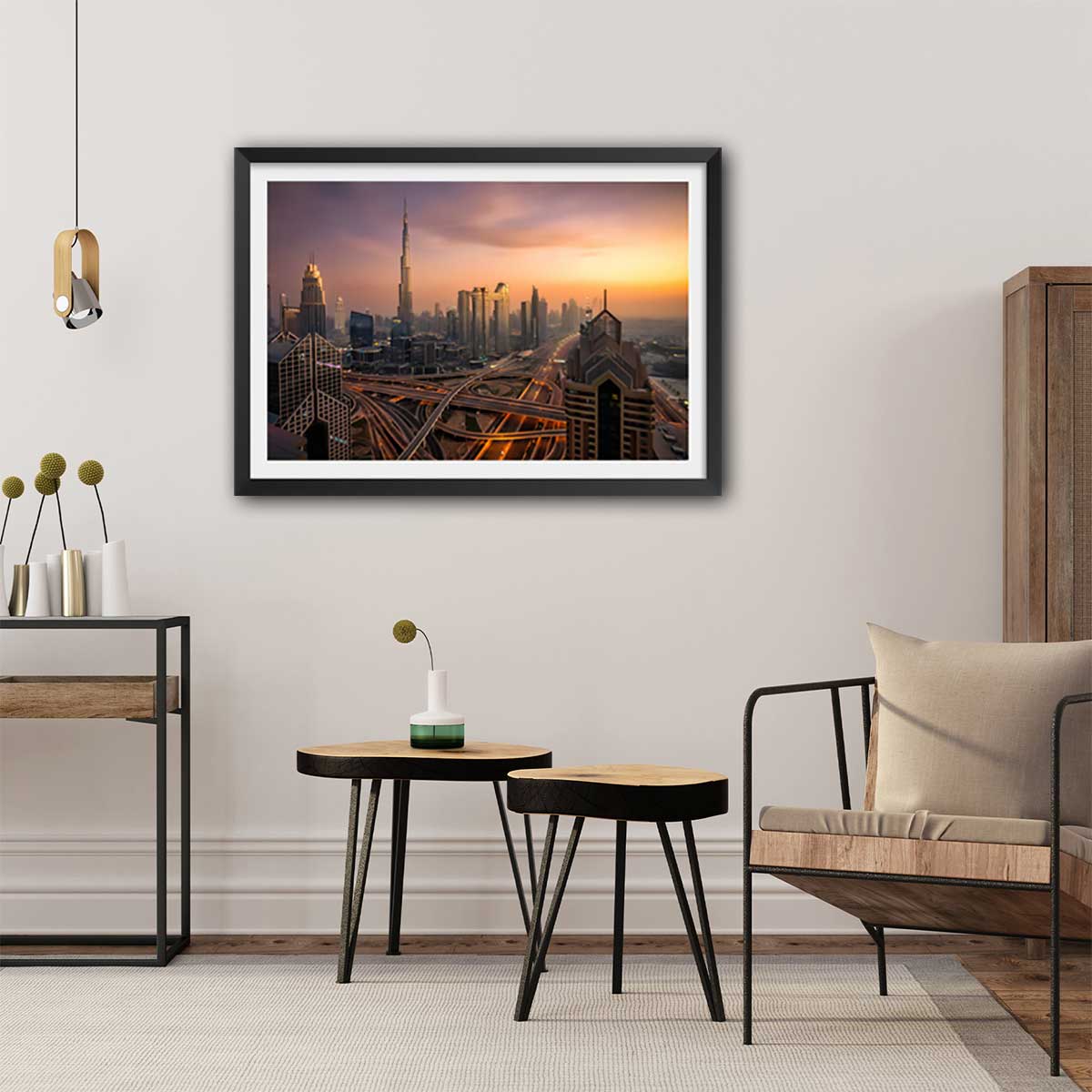 Affiche ""Dubai sunset"" affiche + cadre en bois - noir, HEXOA